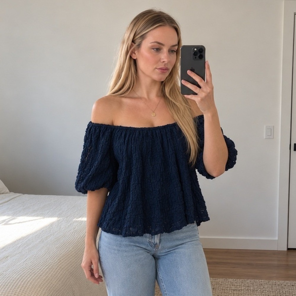 Old Navy Womens Off Shoulder Lace Top L Navy Puff Sleeve Eyelet Boho Cottage